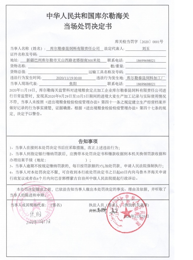 有限责任公司生产加工记录与实际使用情况不符行为的当场处罚决定书
