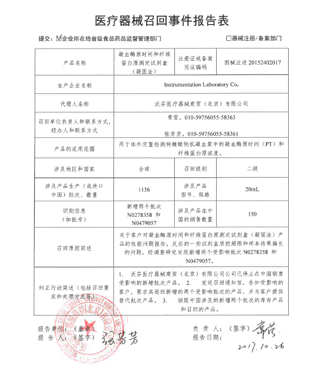  Instrumentation Laboratory Co. 对 凝血酶原时间和纤维蛋白原测定试剂盒（凝固法）主动召回