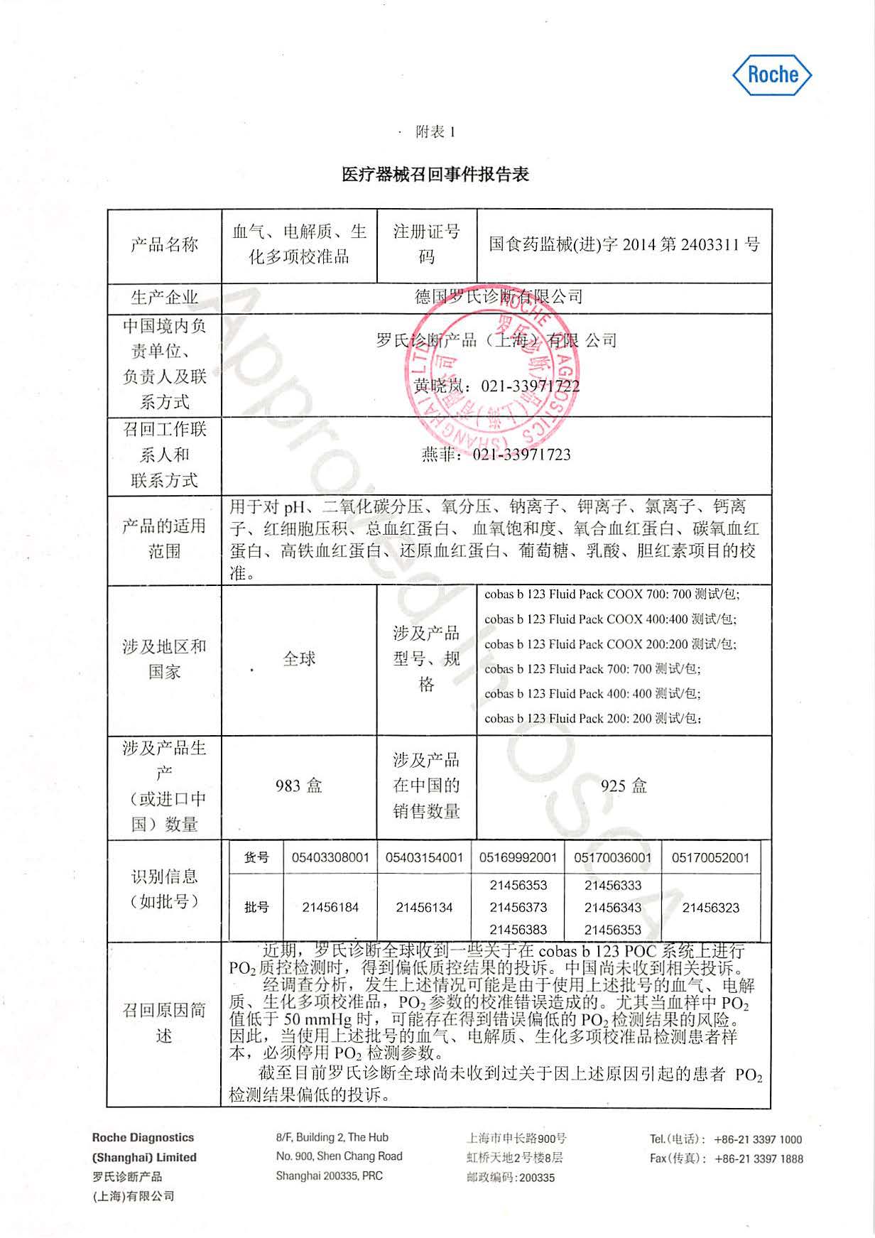罗氏诊断产品(上海)有限公司对血气,电解质,生化多项校准品主动召回
