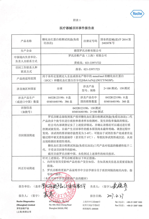 罗氏诊断产品(上海)有限公司对糖化血红蛋白检测试剂盒(免疫比浊法)