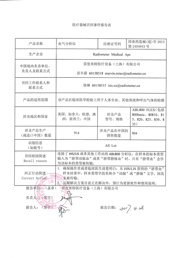 雷度米特医疗设备(上海)有限公司对血气分析仪