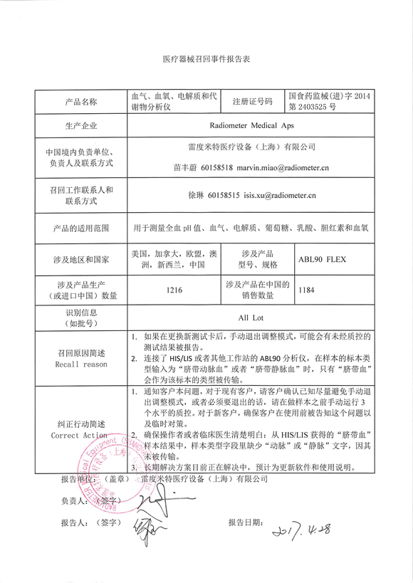 雷度米特医疗设备(上海)有限公司对血气、血氧