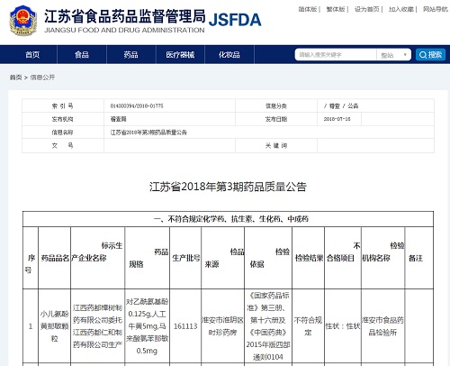 江苏省食药监局发布2018年第3期药品质量公告