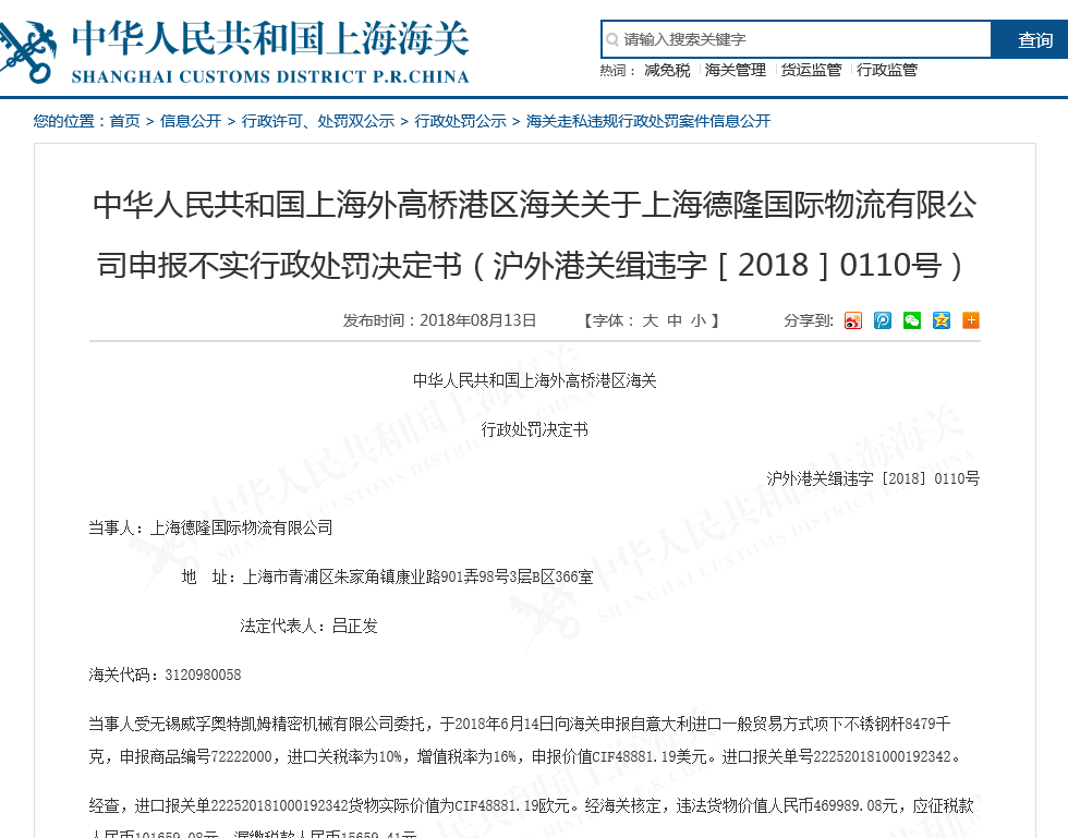 上海外高桥港区海关关于上海德隆国际物流有限