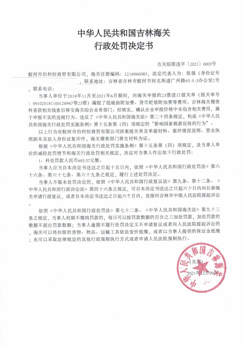 中华人民共和国吉林海关行政处罚决定书吉关综简违字[2021]003