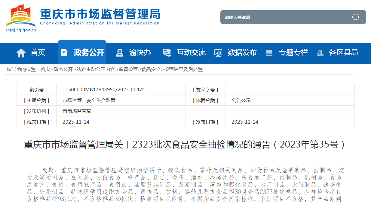 重庆市市场监督管理局关于2323批次食品安全抽检情况的通告（2023年第35号）