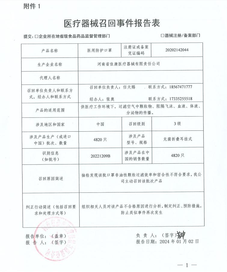 河南省佳康医疗器械有限责任公司对医用防护口罩主动召回