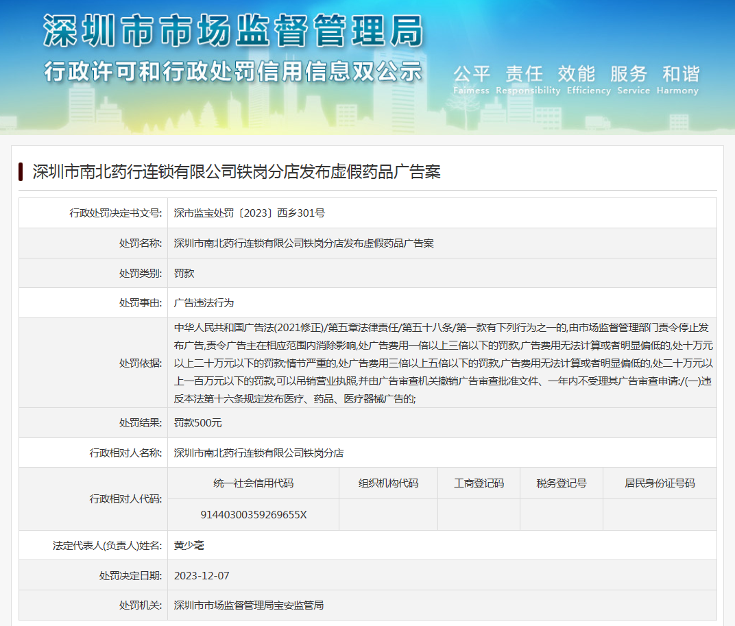 深圳市南北药行连锁有限公司铁岗分店发布虚假药品广告案