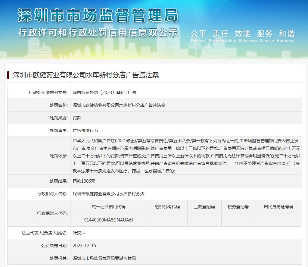 深圳市欧健药业有限公司水库新村分店广告违法案